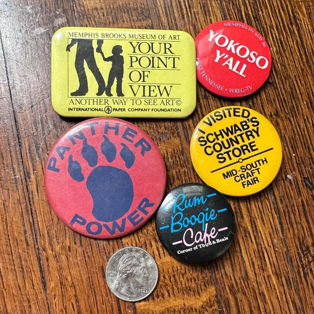 Lot of Vintage Memphis Pinback Buttons, Brooks Museum, Schwabs, Panther Power